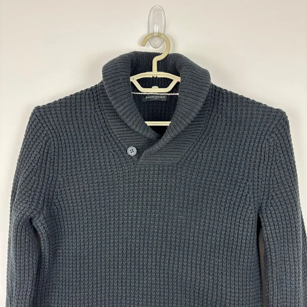 Banana Republic Black Waffle Popover Sweater Shawl Collar Men Medium 735028